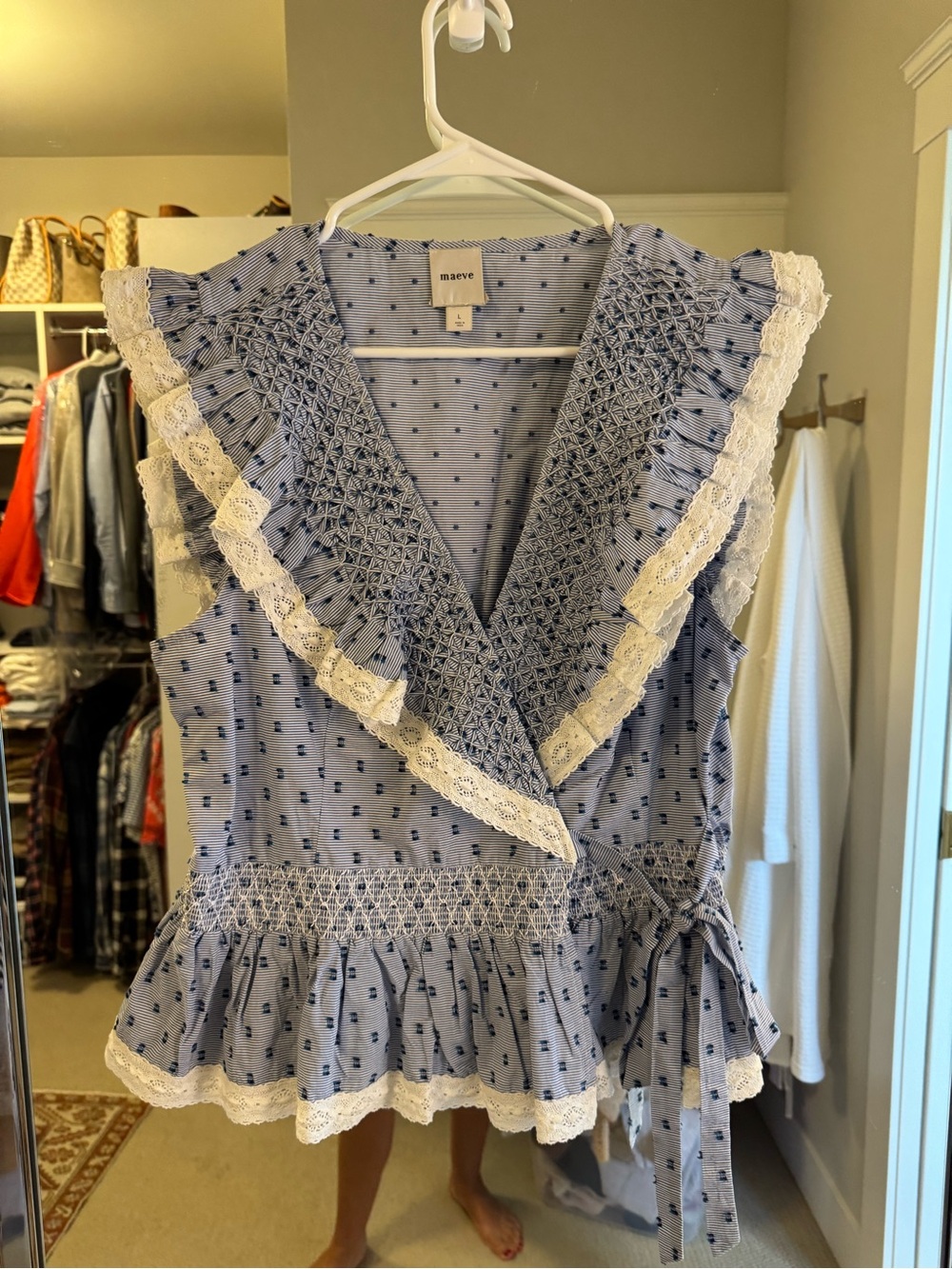 Maeve Light Blue Dot Wrap Tunic with White Lace Ruffle - Picture 2 of 6